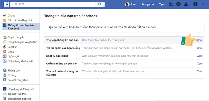 "Thông tin của bạn trên Facebook"